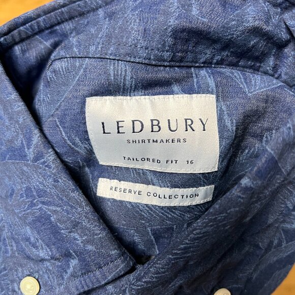 Ledbury Mens Blue Palm Tree Pattern Short Sleeve Button Down Size 16 - Picture 3 of 8